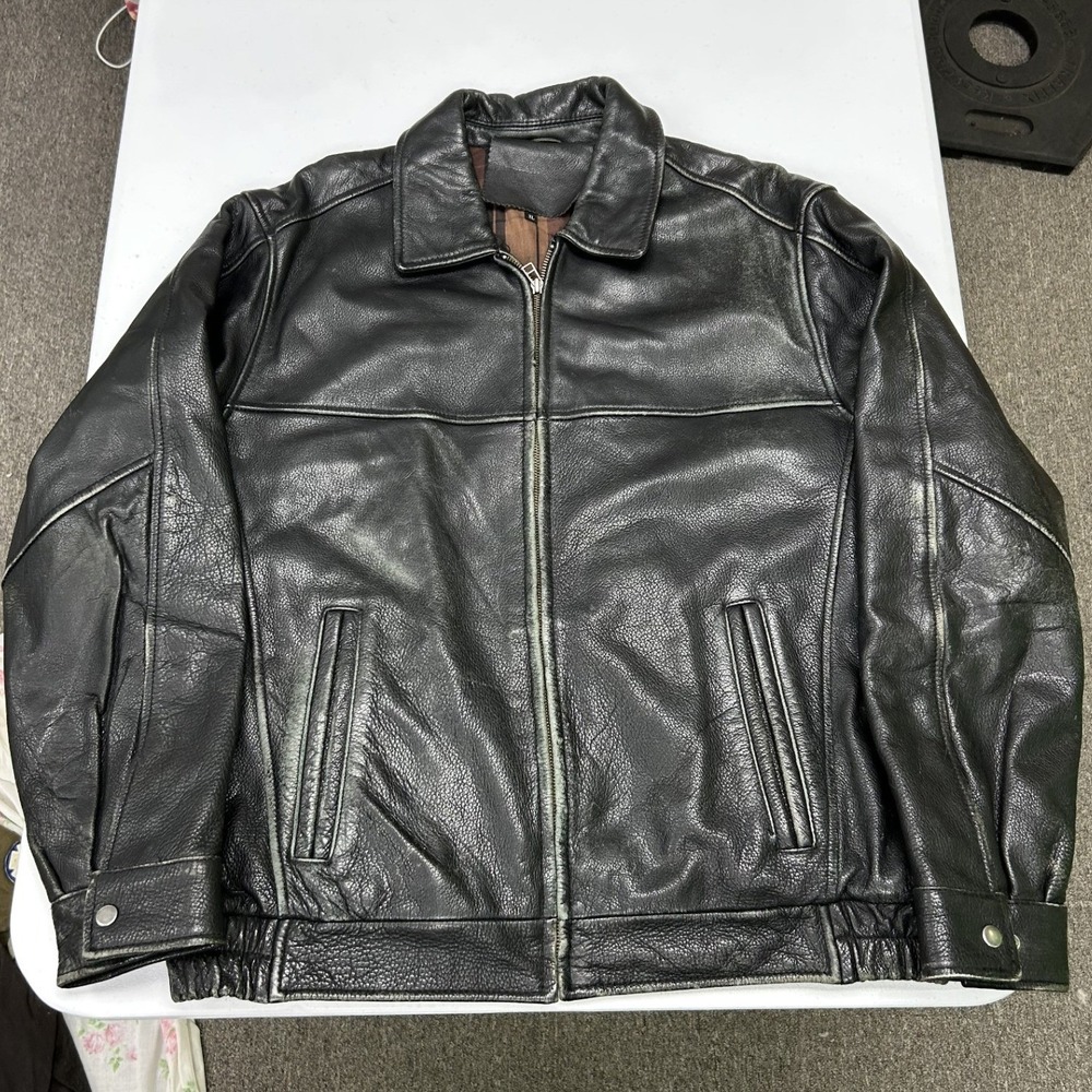 Unbranded Leather Bomber Jacket Mens XL Black Plaid Lined Distressed Zip Up